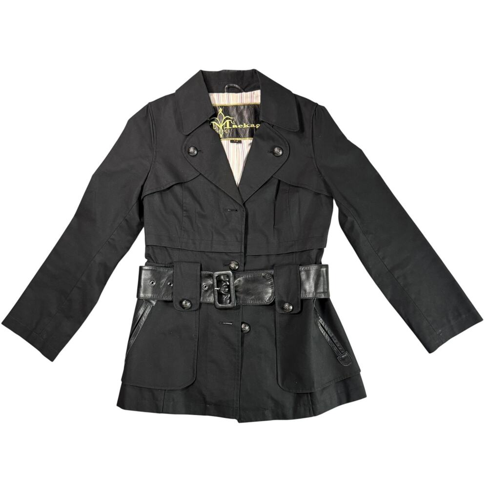 Mackage Black Trench Coat Womens Small Petite Leather Trim Belted